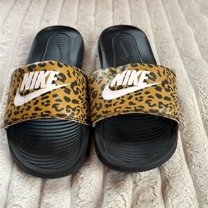 Nike Black and Tan Leopard Slides